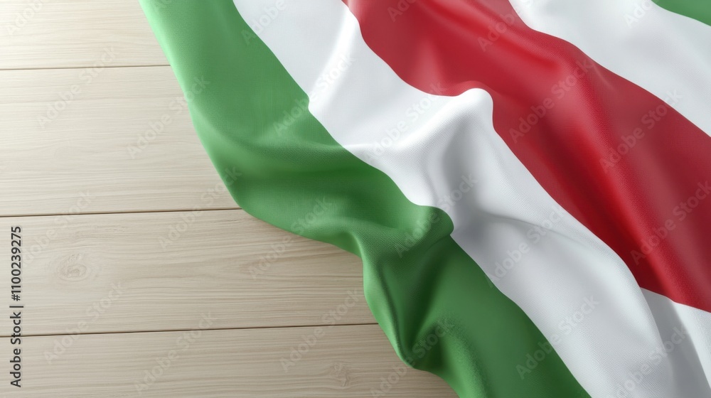 Obraz premium A close-up of a flag with green, white, and red stripes, draped over a wooden surface, highlighting its texture and colors.