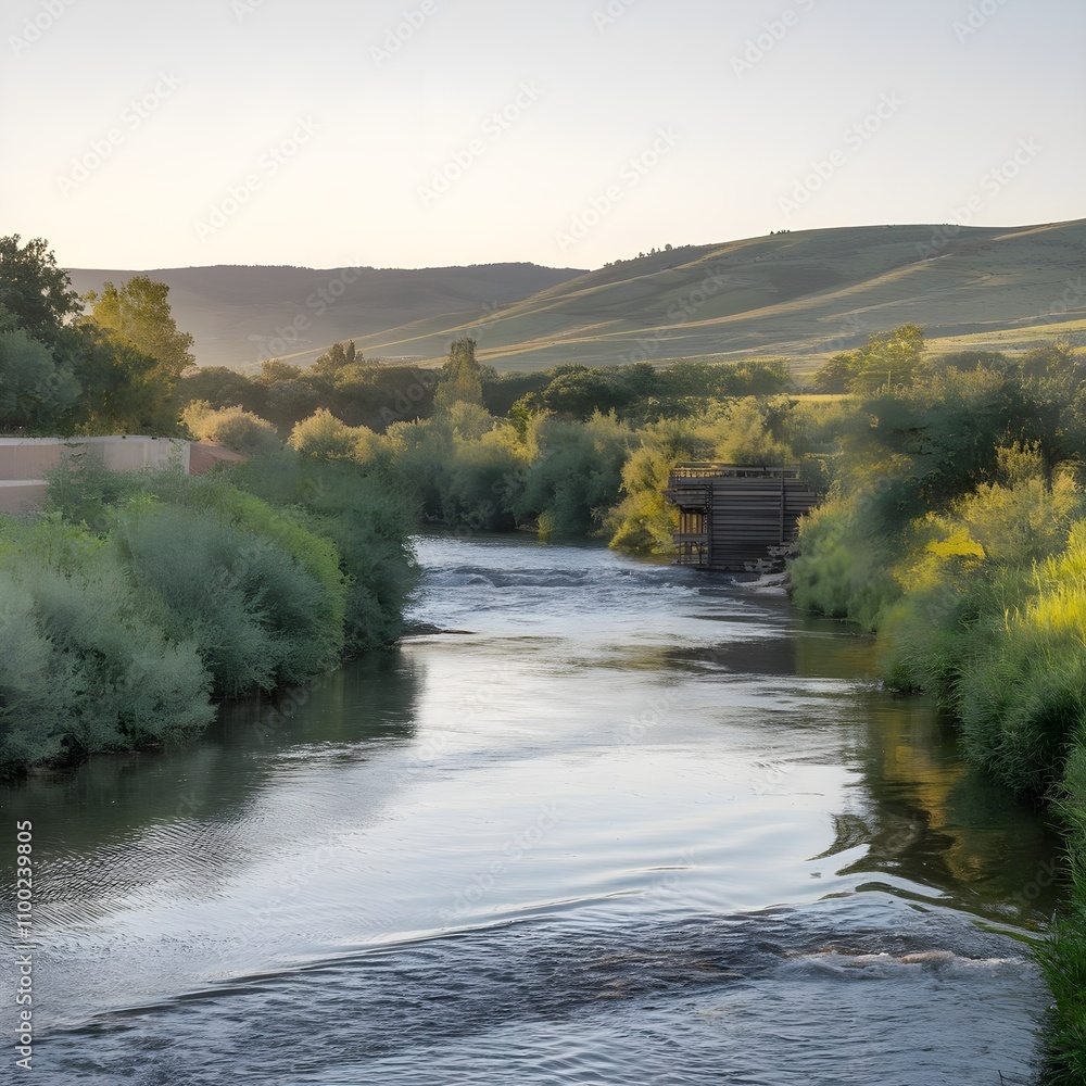 Fototapeta premium A photo of a tranquil stretch of the Jordan River, with lush banks and clear waters. The river flows gently, reflecting the sky. There is a wooden structure built over the river. 