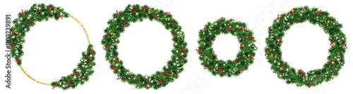 Christmas wreaths. Holly berry and Christmas lights decoration. Golden glitter ring. Christmas tree holiday garland. Festive frame, realistic fir-tree branches. Transparent background in vector file.