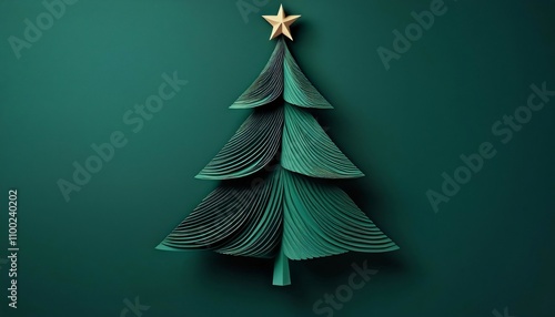 Minimalist holiday concept, stylized christmas tree with a golden star on a tidewater green background photo