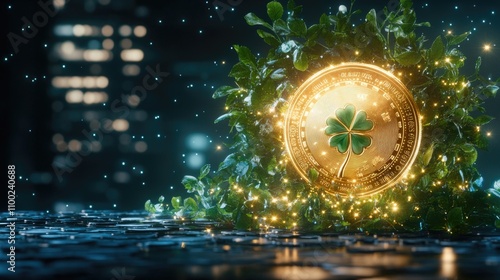 Golden bitcoin with clover amidst green leaves and sparkling lights. Happy St. Patrick's Day. Saint Patrick photo