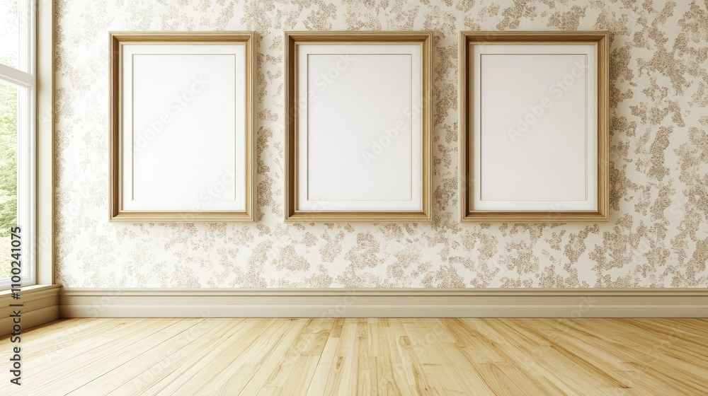 Fototapeta premium Three empty frames on floral wallpapered wall in a room.