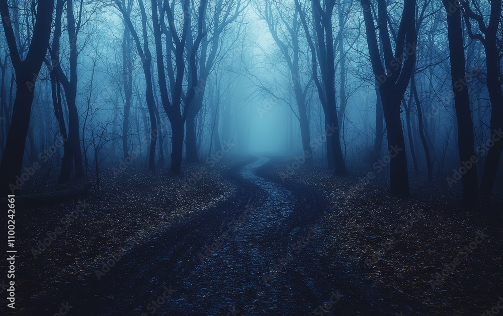 Fototapeta premium A winding, misty path through a dark, eerie forest with tall, bare trees enveloped in fog.