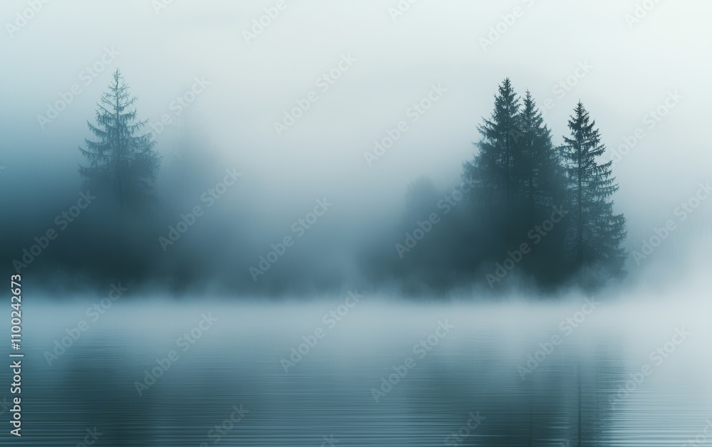 Fototapeta premium Misty lake landscape with evergreen trees and fog, creating a tranquil and serene atmosphere.