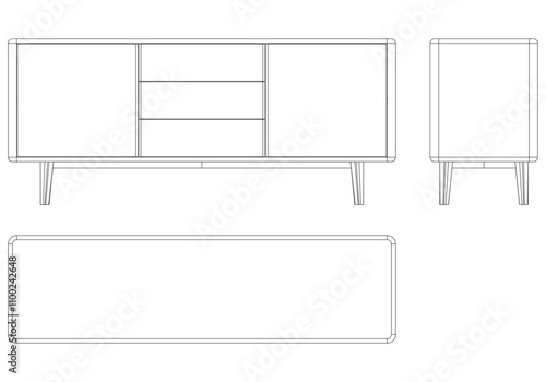 Modern Sideboard Outline Illustration for Home Decor, Coloring Books, and Design Projects. Buffet Cabinet Vector Illustration with Front, Side, and Top Views