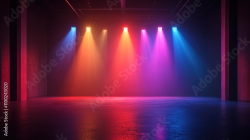 Colorful stage lights illuminating smoky dark room.