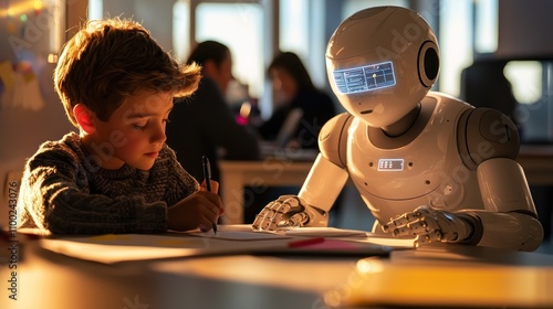 A humanoid robot assisting with virtual learning, helping a child with homework, while AI provides real-time feedback 