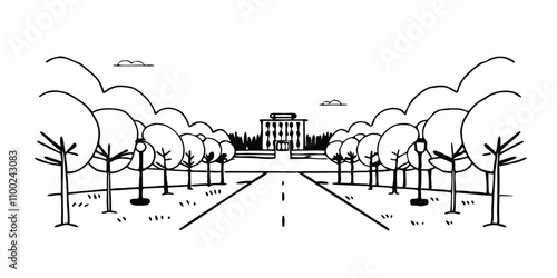 landscape with trees, street in public park with nature landscape