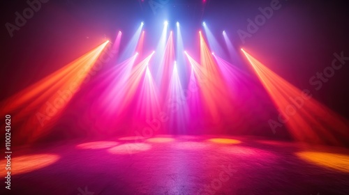 Colorful stage lighting with smoke and spotlights.