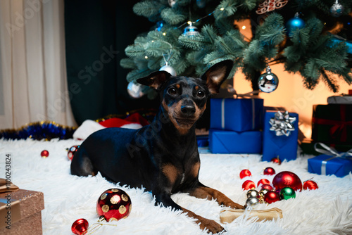 Portrait of cute miniature pinscher dog sitting near Christmas tree, close up