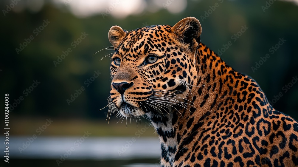 Obraz premium A majestic leopard gazes intently, showcasing its striking coat of rosettes against a blurred natural background, embodying wild beauty and grace.