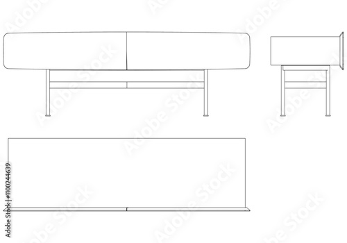 Modern Sideboard Outline Illustration for Home Decor, Coloring Books, and Design Projects. Buffet Cabinet Vector Illustration with Front, Side, and Top Views