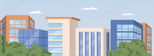 Business center Illustration. Apartment house design. Office center. Office building. Office district. Urban building cityscape. Urban skyline. Green city.