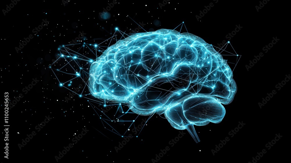 Fototapeta premium A human brain morphing into a network of interconnected nodes, symbolizing the relationship between human intelligence and artificial intelligence.