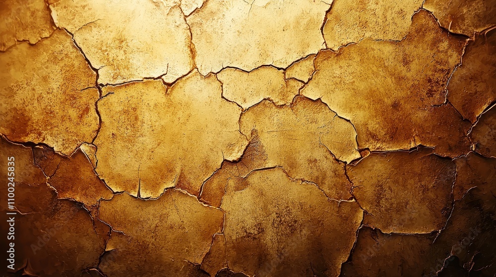 Fototapeta premium Cracked gold texture close-up artistic wall design abstract aesthetic indoor macro view visual inspiration