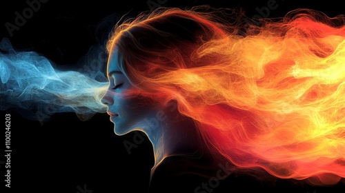 Silhouette of a person exhaling colorful smoke in a mystical abstract setting at twilight