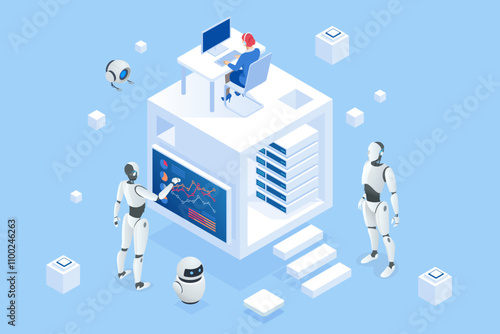 Isometric An AI-powered robot efficiently processes data for business analytics. It analyzes trends, generates insights, and optimizes decision-making processes.