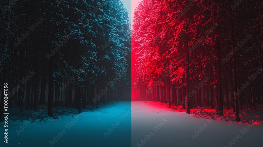 Obraz premium Contrasting forests a mystical encounter at twilight nature scene surreal atmosphere split view duality concept