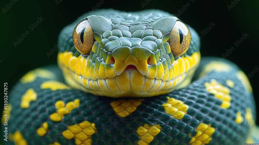 Fototapeta premium Close-up portrait of vibrant green and yellow snake staring with intense gaze in nature
