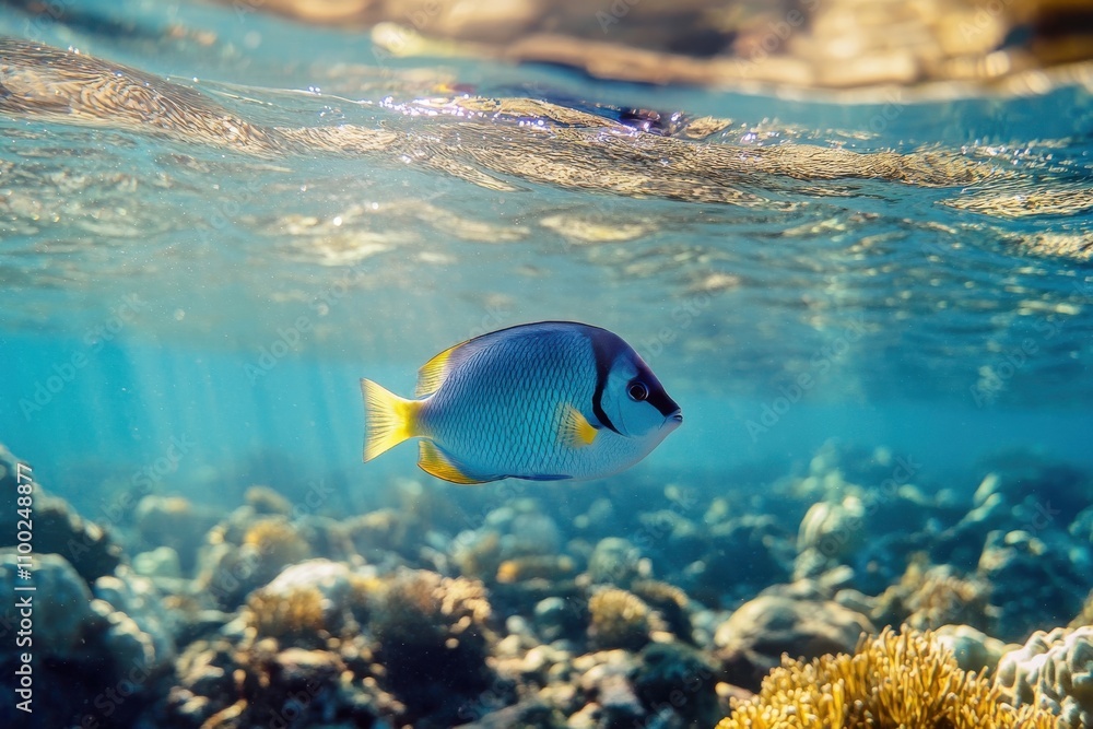 Obraz premium Underwater scene featuring a blue tang fish gliding through its native environment