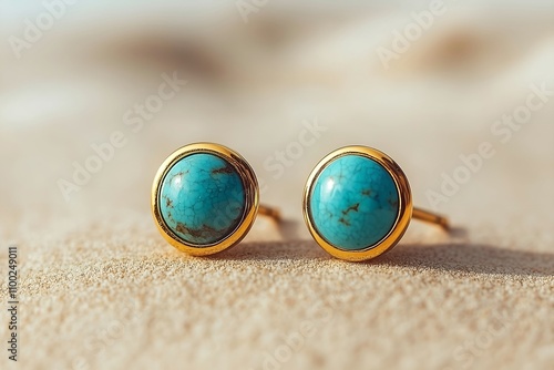 Gold Stud Earrings with Turquoise Cabochons