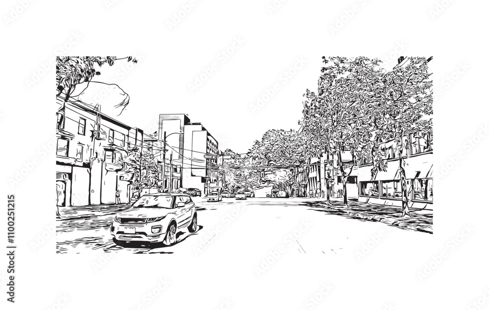 Print Building view with landmark of Vancouver is the city in Western Canada. Hand drawn sketch illustration in vector.