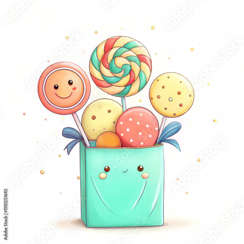 Colorful lollipops and candies in a cute turquoise bag, cheerful decoration concept photo