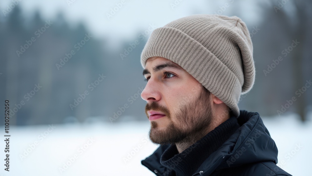 A man wearing beanie mockup with snow-covered trees in the background, highlighting its versatility for winter designs. A man wearing beanie mockup with snow-covered trees in the background, highlighting its versatility for winter designs.