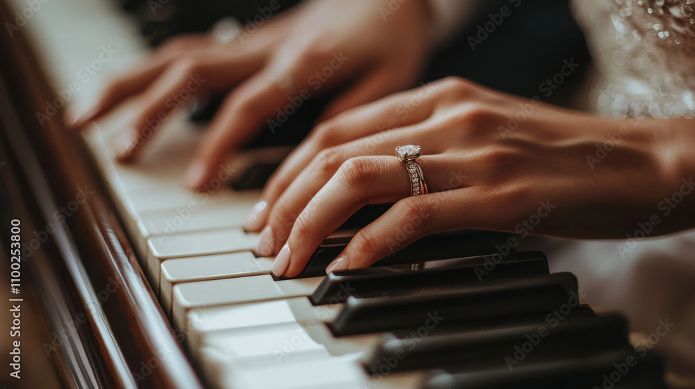 Fototapeta premium close up photo of couple hands playing piano, showcasing beautiful engagement ring. moment captures love and music in harmony