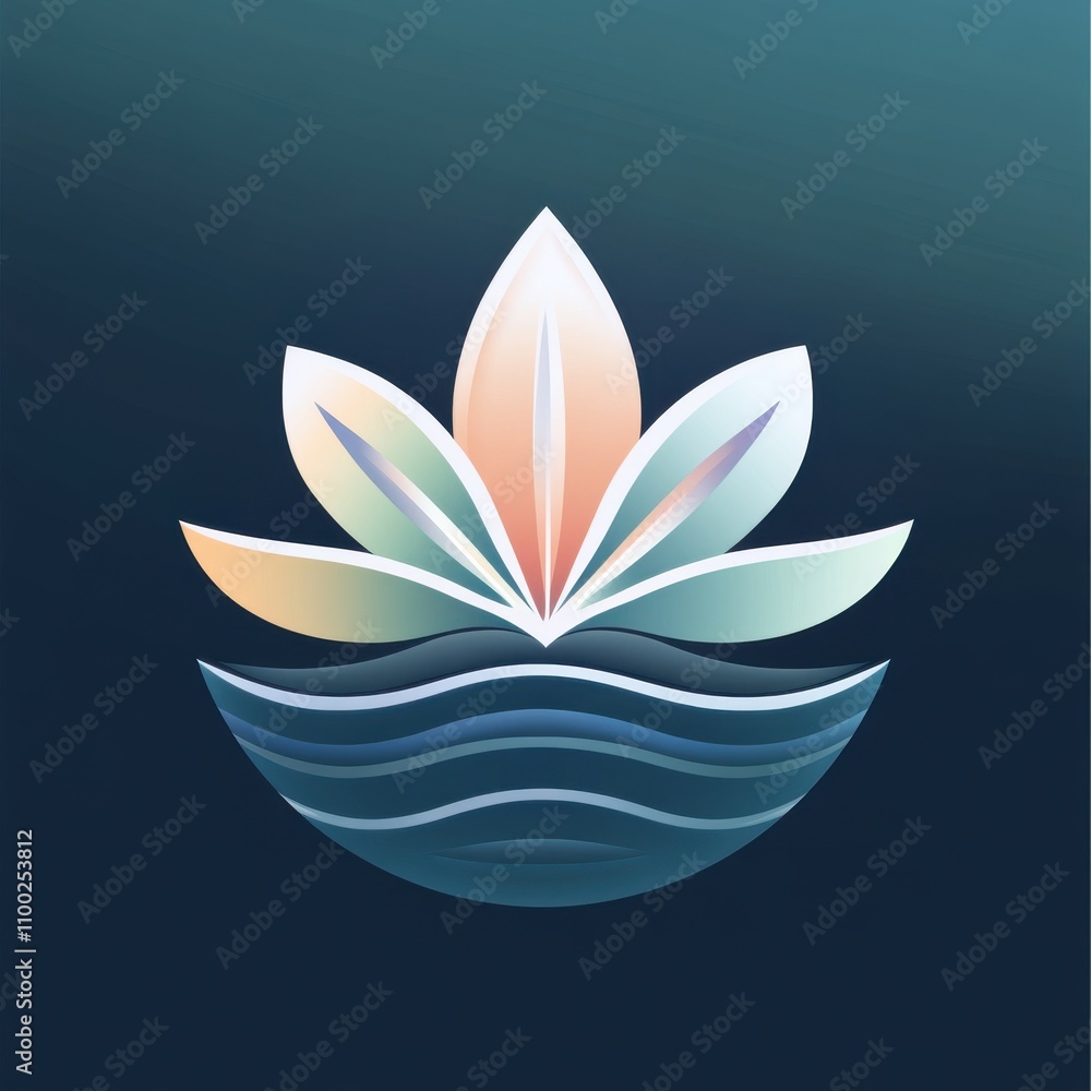 Obraz premium A serene and elegant logo design featuring stylized petals above tranquil waves, in soft pastel hues.