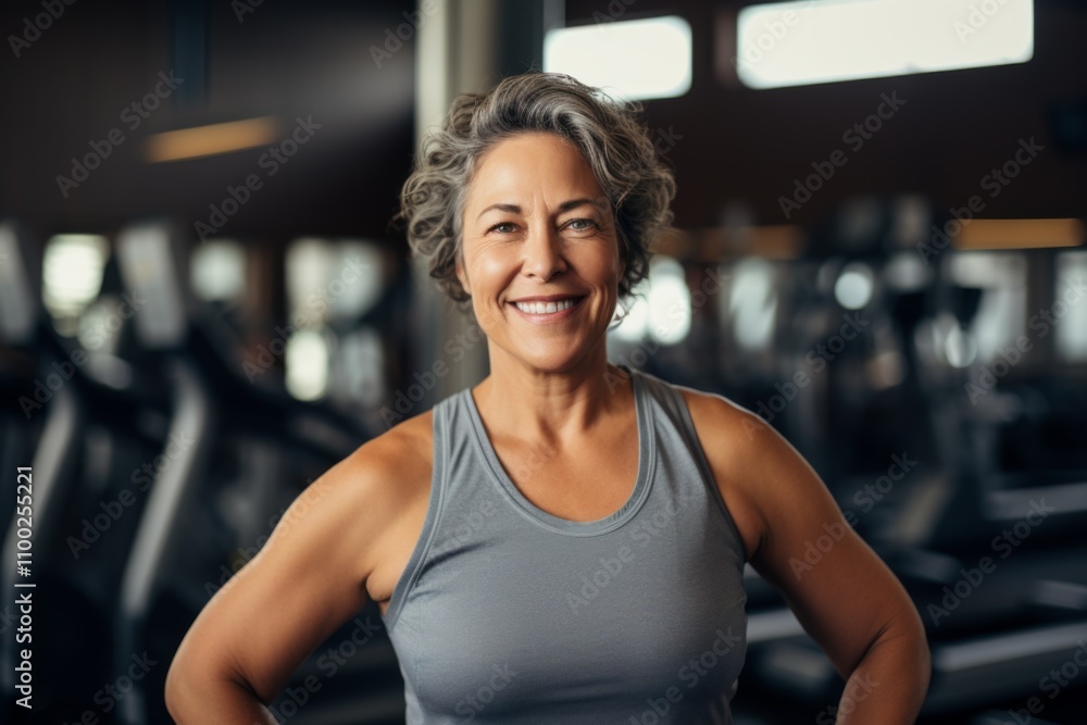 Fototapeta premium Smiling portrait of a middle aged slightly overweight woman in gym
