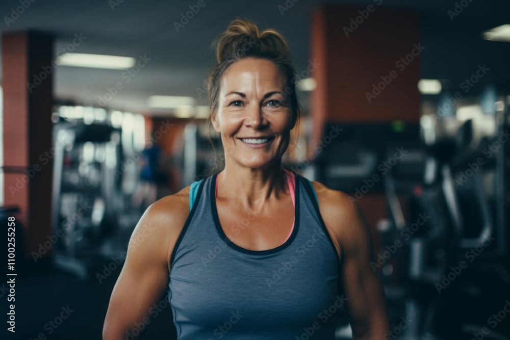 Fototapeta premium Smiling portrait of a middle aged slightly overweight woman in gym