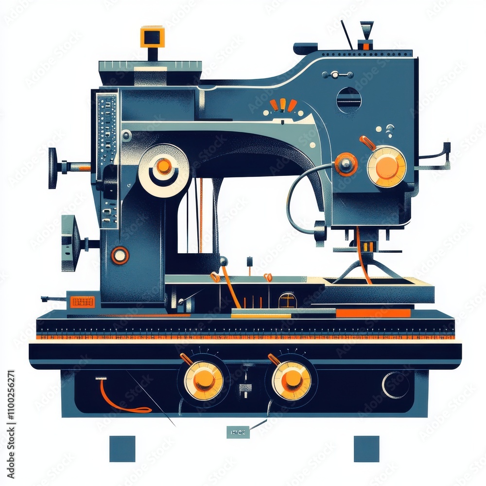 Fototapeta premium A vintage industrial sewing machine displayed against a clean background, showcasing its intricate design and mechanics.