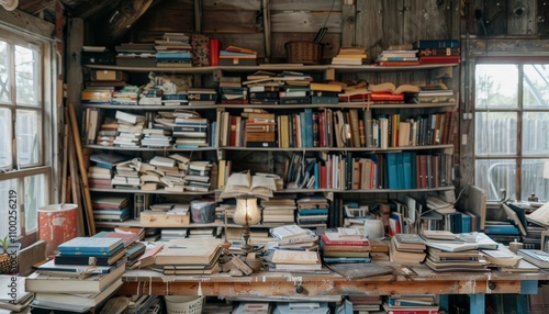 Inviting study room featuring a spacious wooden table, book laden shelves, and warm lamp lighting photo