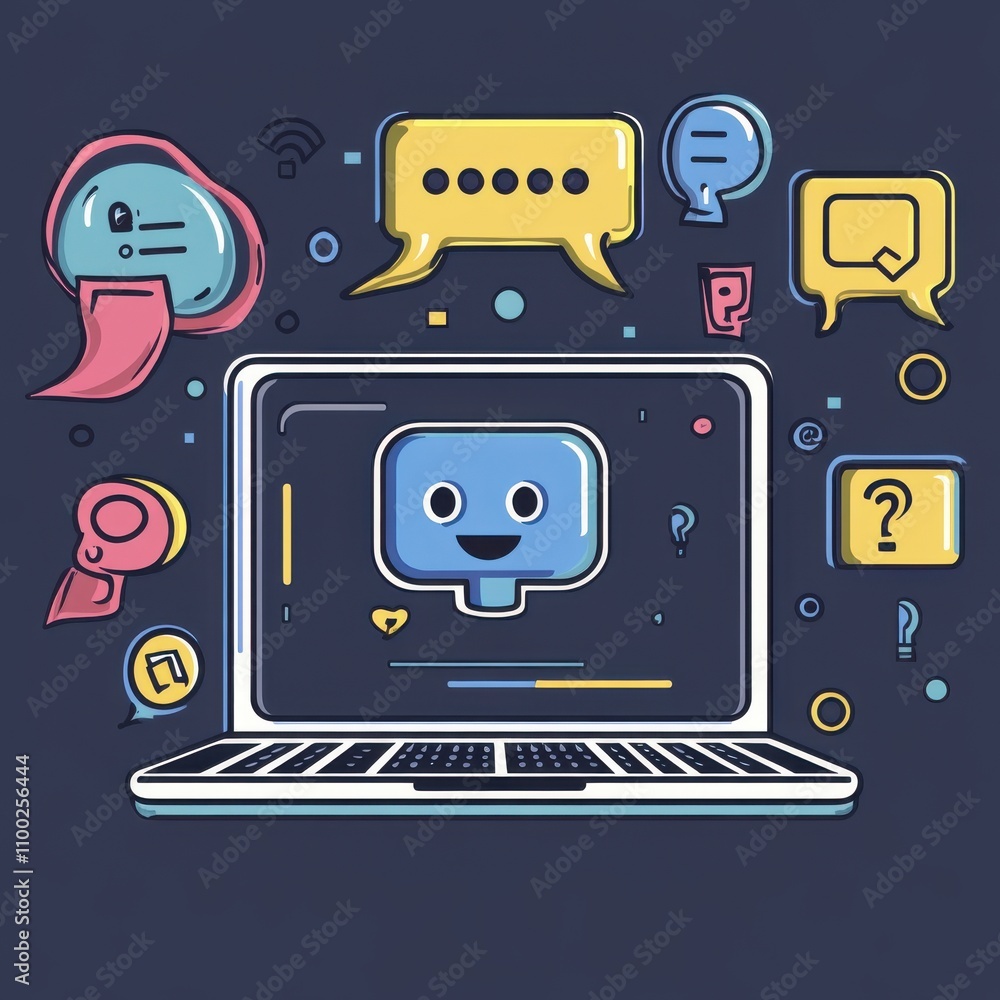 custom made wallpaper toronto digitalA colorful illustration of a laptop surrounded by chat bubbles, symbolizing digital communication and conversation.