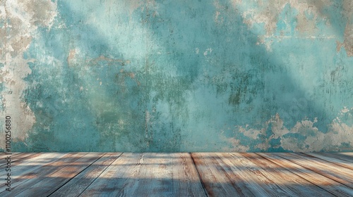 A blue wall with a wooden floor and a large window. The wall is covered in graffiti and the floor is made of wood. The room is empty and has a lot of natural light coming in through the window
