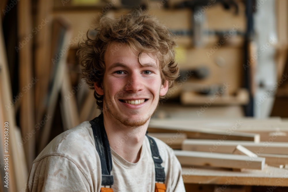 Obraz premium Smiling young man working in carpentry shop