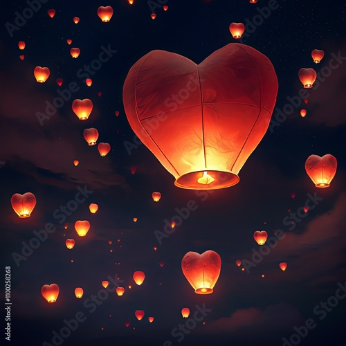 Heart-Shaped Lanterns Soaring into the Night Sky