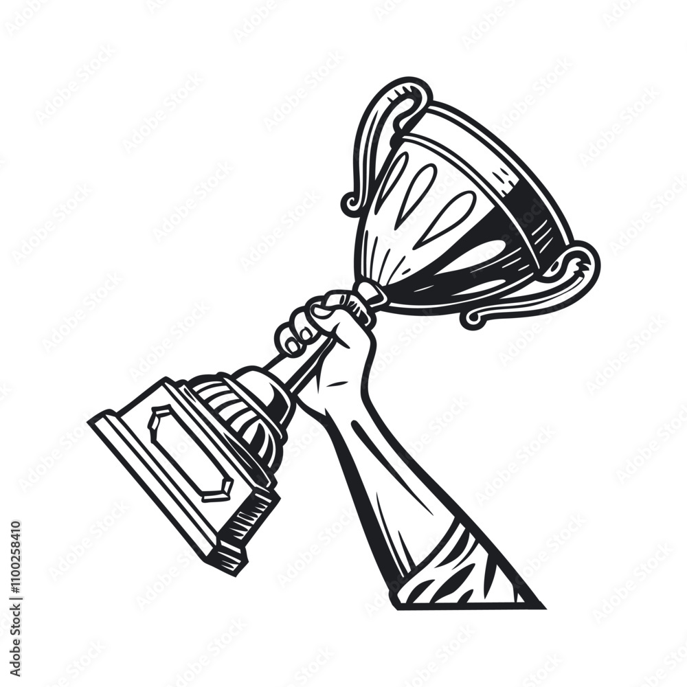 Fototapeta premium Hand Holding Champion Golden Trophy Vector Illustration - Clipart and Line Art Design.eps