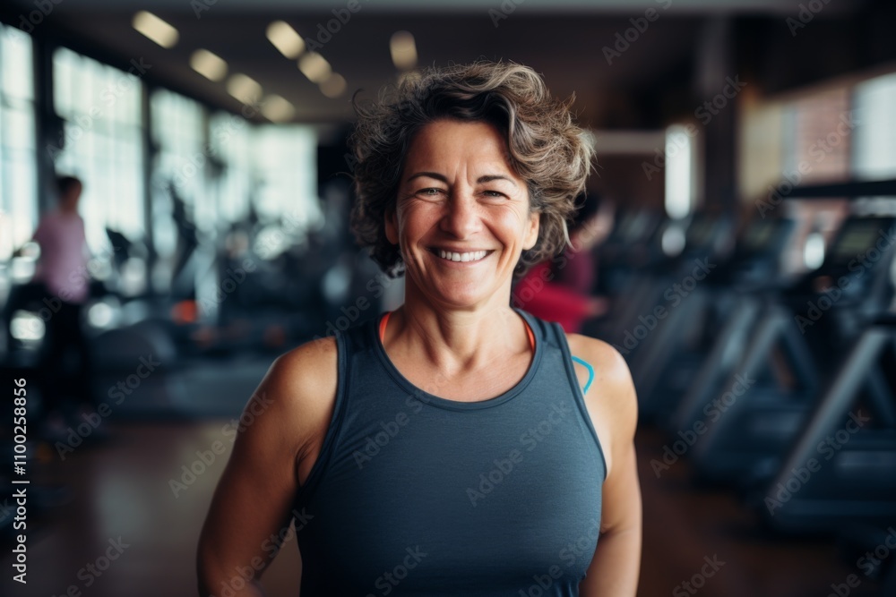 Fototapeta premium Smiling portrait of a middle aged slightly overweight woman in gym