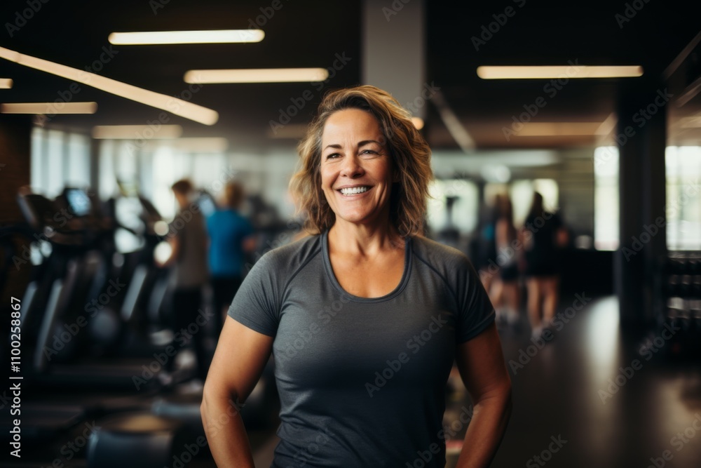 Fototapeta premium Smiling portrait of a middle aged slightly overweight woman in gym