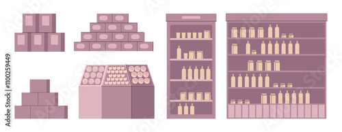 Supermarket display with food and products for buyers. Vector in flat style, isolated set of grocery store shelves, vegetables and fruits, packages with cereals and jars for snacks and lunches