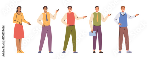 Employees showing way for clients or customers. Vector isolated flat, isolated set of people showing gestures. Man and woman in uniform holding notepad. Staff of bank of corporation receptionists