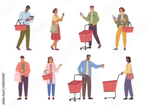 Men and women buying food and products for home in grocery store. Vector in flat style, isolated set of personages with shopping trolleys and carts, chores and evening routine for people