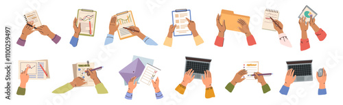 People working with documentations, folders and laptops, planning and brainstorming. Vector isolated hands with declarations and computers, top view. Students or office workers studying or working