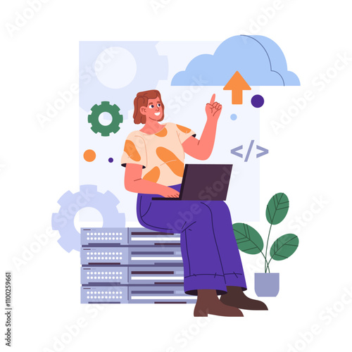Safety backup of files and documents, storing information on remote server. Vector cloud computing service for employees and engineers. Downloading data on repository or virtual database technology