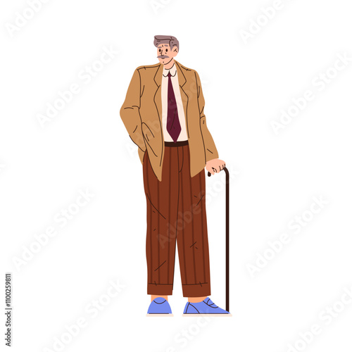 Senior man personage with walking stick. Vector flat cartoon character, isolated successful employee or manager, boss of company or organization. Standing businessman wearing suit for work