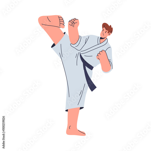 Martial arts fighter working out or training, flat cartoon vector illustration. Isolated judo, aikido or karate physical education and practice. Man in kimono punching or hitting with leg