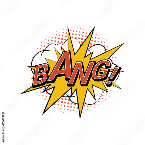 Bang sound effect for comic book dynamic cartoon expression and dynamism. Vector isolated icon with boom or explosion effect and cloud, dots and word text in thought bubble or balloon, pop art style