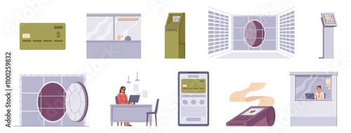 Bank interior and devices. Vector isolated credit card and ATM machine, reception and customer desk, cash box and display board, visitor seats. Self service software and financial operations